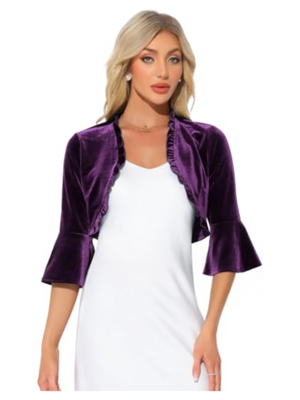 Ruffled Cropped Cardigan Womens Velvet Open Front 3/4 Sleeve Shrug
